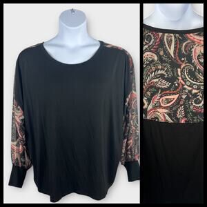 Chico’s Size 4 Black Paisley Knit Blouse Chiffon Inset Long Sleeve‎ XXL 20